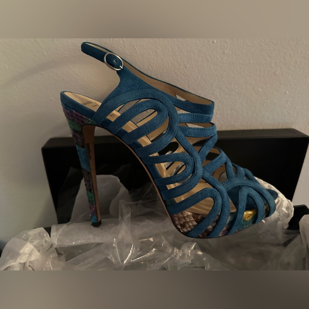 Blue Suede and Snake Skin Cage Sandals